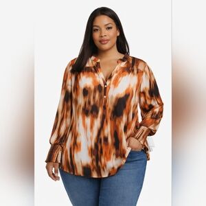 Calvin Klein NWT Abstract Print Blouse Top 2X Brown Orange Button Front